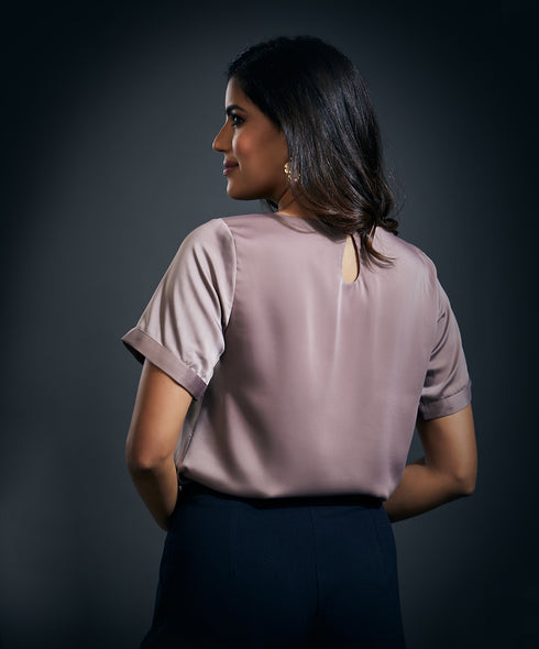 Short Sleeve Satin Solid Top-Brown